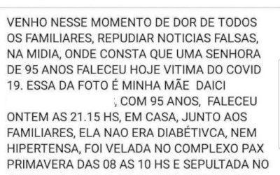 Morte de idosas da mesma idade, uma de Covid, causa confusão e postagens maldosas na internet