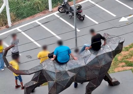 Em menos de 15 dias, onça de aço já aparece depredada em praça.